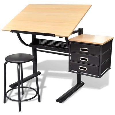 Image de Table de dessin avec tabouret - plateau de table réglable et 3 tiroirs - table de conception et table de bricolage - couleur marron