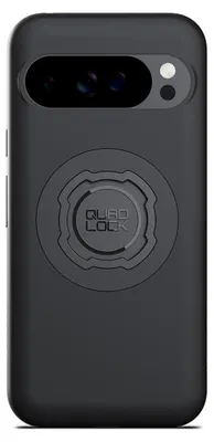 A black phone case with a Quad Lock mount on the back.