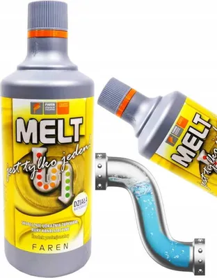 A product shot of a bottle of drain cleaner with a graphic of a pipe and flowing liquid.