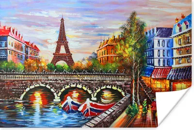 Produktbild von MuchoWow® Poster Gemälde - Öl - Eiffelturm - Paris - Wasser 120x80 cm - Bilder