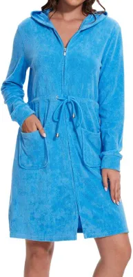 Produktbild von Ibenzoa® Damen-Bademantel aus 80% Baumwolle/20% Polyester – weicher, kurzer Mantel mit Kapuze, Reißverschluss & verstellbarem Taillenzug für Zuhause, Spa & Schwimmbad