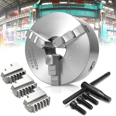 Imagen del producto de K11-100, mandril de torneado, 4 pulgadas, con 3 mordazas, para madera, mandril de auto-centrado, fabricado con material de fundición de alta calidad, mordazas para mandril de torneado, apto para máquinas CNC de perforación, fresado y rectificado