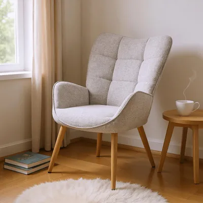 Obrázek produktu pro Křeslo – Pohovka – Sedací křeslo – Křeslo s područkami – Skandinávský design – Pohodlné čalounění – Dřevěné nohy