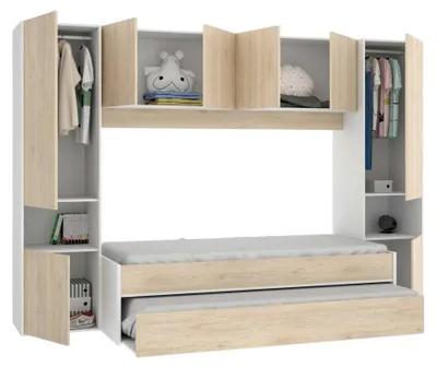 Produktbild von Kinderbett Dmra, Komplettes Schlafzimmer mit Bridge-Kleiderschrank und Kommode, Komposition mit Bett und Einzelausziehbett, 303 x 97 x 203 cm, Eiche und Weiß