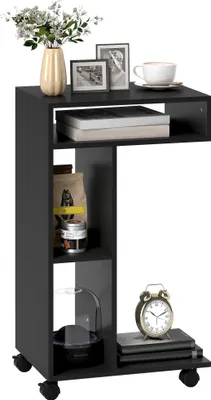 Produktbild von HOMCOM Beistelltisch Couchtisch mit Rollen, Schreibtisch Sofatisch mit 4 Regalen