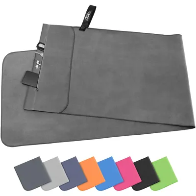 Obrázek produktu pro Ručník Pameil Fitness | 120x50 cm | Kompaktní a rychle schnoucí ručník z mikrovlákna, sportovní ručník, cestovní ručník, plážový ručník s kapsou na zip – šedý