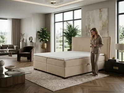 Obrázek produktu pro Béžová postel 180x200 cm s matrací, podložkou a úložnými zásuvkami, moderní design