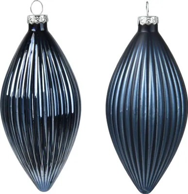 Produktbild von Christbaumschmuck Glas Olive 13cm 3 Stück geriffelt - Nachtblau