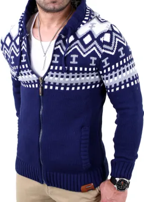 Produktbild von Reslad Herren Grobstrick Norweger Winter Strickjacke mit Kapuze RS-3104  Blau M