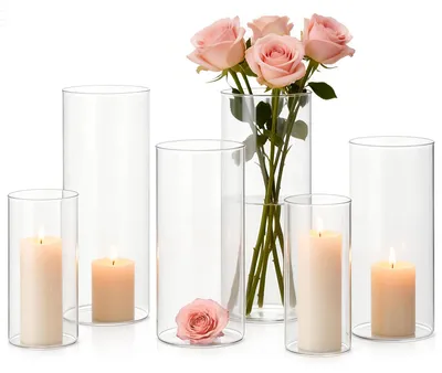 Produktbild von 6er Set Zylindervasen aus klarem Glas für Blumen und Kerzen bei Veranstaltungen und Feiern