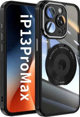 Produktbild von Handyhülle für iPhone 13 Pro Max Transparent Militärschutz mit Magnetring Ständer und Kameraabdeckung Schwarz