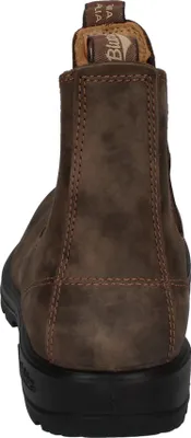 The back view of a brown leather boot.