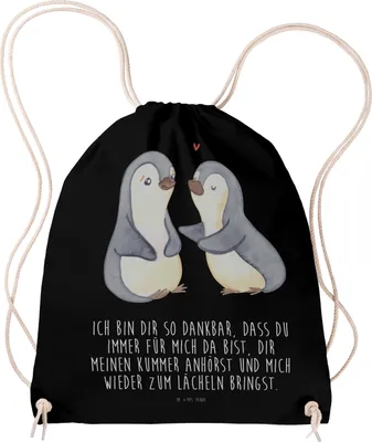 Produktbild von Mr. & Mrs. Panda Turnbeutel Pinguine trösten - Schwarz - Geschenk, Stoffbeutel, Freundin, Jutebeutel, leichter rucksack, Kleiner, Hochzeitstag, Valentinstag, für, Beutel