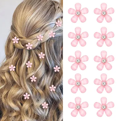 Produktbild von 10 rosa Mini-Haarspangen mit Strasssteinen und Blumenmotiven, süße Haarspangen, Haarnadeln mit Blumen, dekorative Haarspangen, Brauthaarspangen, Haarschmuck mit Blumen
