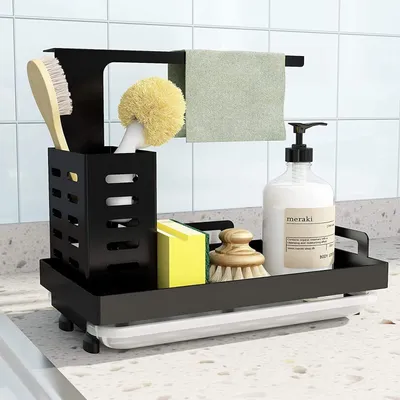 Produktbild von Spülbecken Organizer Spülbecken Caddy Organizer Edelstahl Utensilien Korb für Küche & Badezimmer mit Abflusspfanne, Klebstoff Arbeitsplatte Dual-Use Schwamm Bürste Seifenschale Halter (Schwarz)