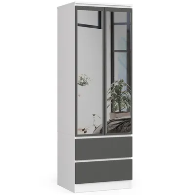 Produktbild von Kleiderschrank AKORD S60 mit Spiegel Weiß 60 cm 2 Türen 2 Schubladen Regal Front Graphitgrau B60 x H180 x T51 cm