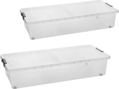 Two transparent storage boxes with lids and handles are shown against a white background.