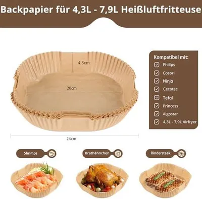 Produktbild von 200 Stück Backpapier für Heißluftfritteuse XL XXL, 4,3L-7,9L Airfryer Einwegpapier 20-24cm Pergamentpapier Liner Zubehör Kompatibel mit Philips Russell Hobbs Ninja Cosori Airfryer