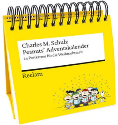 A yellow desk calendar with a spiral binding at the top, featuring text and illustrations of cartoon characters.