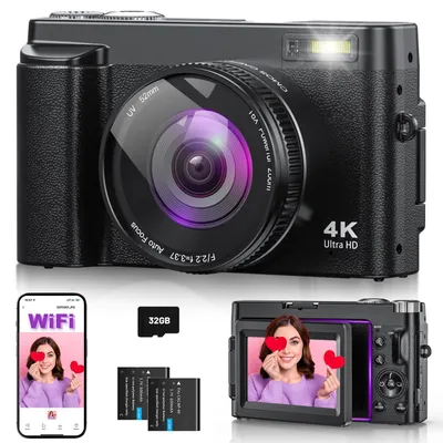 Produktbild von 4K 64MP WiFi Digitalkamera, 180° Klappbildschirm Autofokus Vlogging Kamera (Selfie, 16X Zoom, 32GB Karte, 2 Akkus) Kompaktkamera für Anfänger