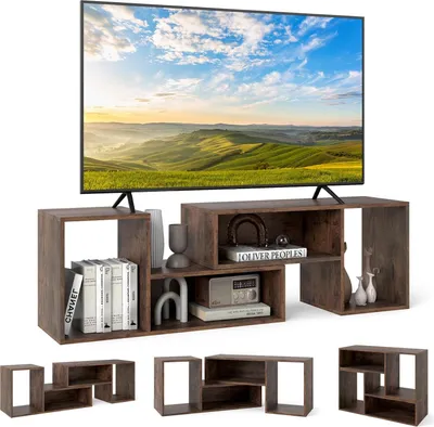 A TV stand with a TV on top, and decorative items on the stand. Several smaller images of the TV stand in different configurations are shown below.