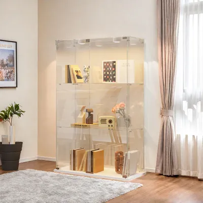 Produktbild von ProximaX Doppeltür-Glasvitrine mit 3 Ebenen, Push-LED-Beleuchtung, weißer Boden, hochtransparentes gehärtetes Glas, einfache Montage, stilvolle Präsentation