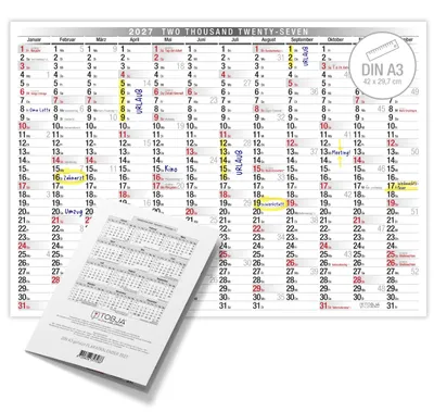 Produktbild von Wandkalender 2027 A3 Querformat – Großer Jahresplaner mit KW Feiertagegroße Felder klassisch