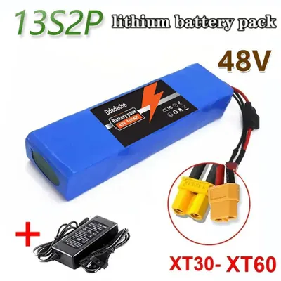 Obrázek produktu pro Lithium-iontová baterie 48 V, 100 Ah – bateriový modul 13S2P – BMS pro 250–1000 W – konektory XT30 a XT60 – včetně nabíječky 54,6 V – rozměry 238 × 48 × 68 mm