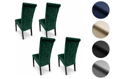Zdjęcie produktu dla Zestaw 4 krzeseł do jadalni K6 – zielone eleganckie krzesła z aksamitu, pikowane kryształkami, drewniane nogi w kolorze czarnym, krzesło do kuchni