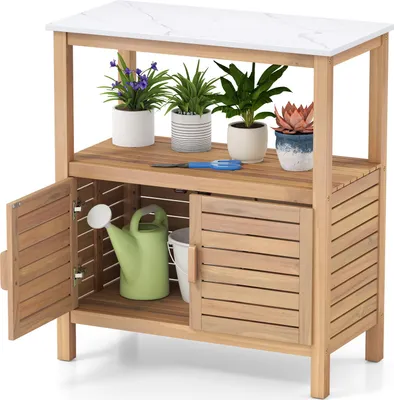 Immagine prodotto di COSTWAY Tavolo per piante, mobile da giardino in legno, mobile da patio con base, piano di lavoro, vano portaoggetti e armadietto, mobile portaoggetti, 80x40x90,5 cm