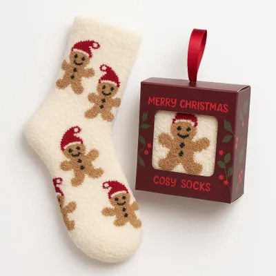 Produktbild von Kuschelsocken X-MAS Lebkuchenmann – Weihnachtssocken Einheitsgröße 36–42, 98% Polyester, 2% Elasthan, Geschenkverpackung mit Schleifenband