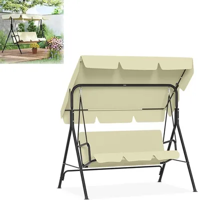 Productafbeelding van Hollywood schommelbank voor de tuin, geschikt voor 3 personen, met zonnedak, belastbaar tot 200 kg, weerbestendige schommelbank met comfortkussens en antislipvoeten, beige, 176x110x152 cm
