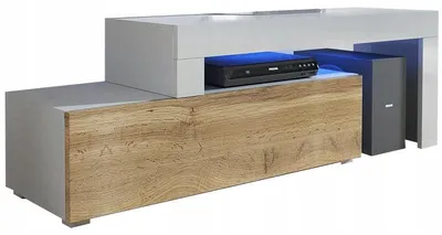 Zdjęcie produktu dla Komoda Szafka RTV rozsuwana 108 - 200 biały mat + dąb wotan LED