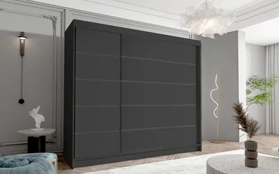 Produktbild von Kleiderschrank Netro VII 250 cm - Groß Schwebetürenschrank, Schiebetürenschrank mit Kleiderstange und Einlegeboden, Schlafzimmerschrank, Schiebetüren, 250x215x58 cm (Schwarz)
