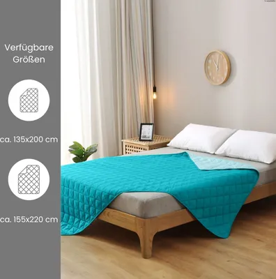 A bed with a turquoise comforter spread over it, with pillows and a bedside table. The left side of the image shows available sizes.