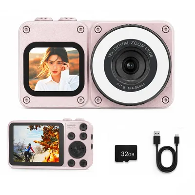 Produktbild von Digitalkamera 64MP 4K, CCD Kamera mit 16-fach optischem Zoom, Dual-Display, Bildstabilisierung, Beauty-Licht, Webcam, 32GB Speicherkarte, rosa