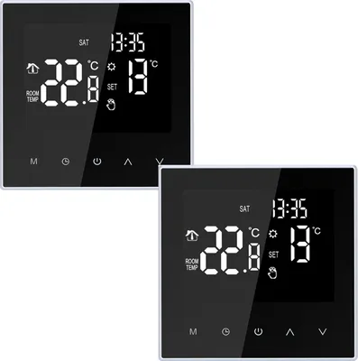 Two digital thermostats are shown side-by-side against a white background.