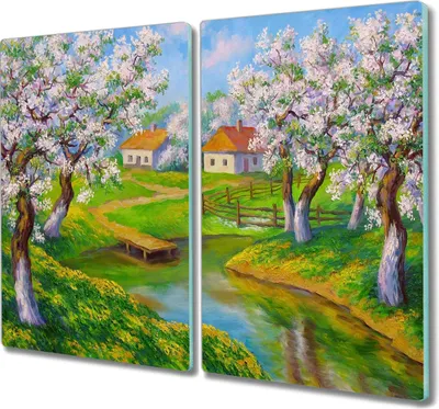 Produktbild von Coloray Hackbrett Herdabdeckplatte 2x30x52 cm Küchenbrett Kochplattenabdeckung Schneidebrett - Der Baum Dorf Blumen Wasser