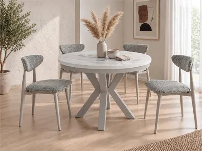 Obrázek produktu pro Kulatý rozkládací jídelní stůl ve stylu loftu – průmyslový stůl v bílém mramorovém vzhledu s šedo-béžovými kovovými nohami z kašmíru – prostorově úsporný stůl do obývacího pokoje – mramor bílá – 100 až 180 cm