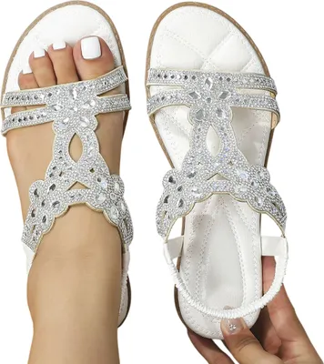 Produktbild von ASKSA Damen Glitzer Sandalen Sommer, Strass Sandalen Elegant Flach Schuhe, Weiss, Groesse: 38
