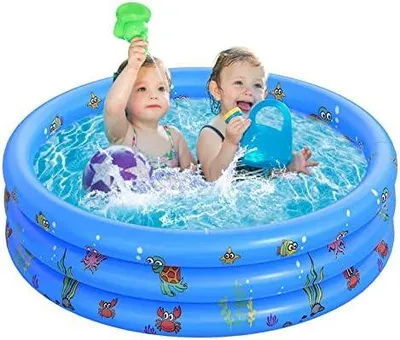 Produktbild von Planschbecken für Kinder, aufblasbares Baby-Schwimmbad, 3-Ring-Planschbecken mit aufblasbarem Sicherheits-Blasen-Boden, kleine Planschbecken für Kleinkinder, Gärten, Hinterhof, blau, 100 x 27 cm