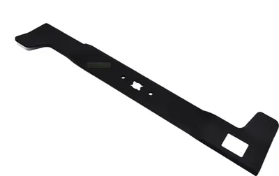 A black lawnmower blade is shown against a white background.