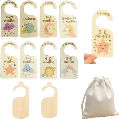 Productafbeelding van Maatscheiders van hout - Set van 10 - Baby kledingmaat verdeler - Houten maatlabels met opbergzak - Babykledingscheider