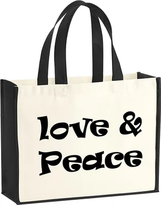 Produktbild von Huuraa Jutetasche Love & Peace 70s 21 Liter Black Jute und Baumwolle Einkaufstasche Geschenkidee