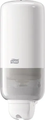 A white soap dispenser with a transparent lower section.