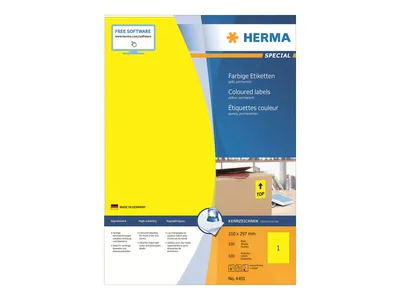 Image de Étiquettes HERMA, format A4, papier jaune mat, 210x297 mm, paquet de 100 pièces