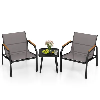 A set of outdoor furniture including two chairs and a small table, displayed on a white background.