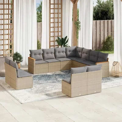 Produktbild von Design 11-tlg. Garten-Sofagarnitur mit Kissen Beige Poly Rattan, Gartenmöbel-Sets 2024 Neu