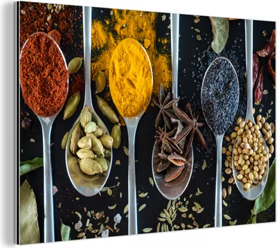Produktbild von MuchoWow® Alubilder Wanddeko Metall Metallbild Wandkunst 120x80 cm Löffel - Gewürze - Kräuter - Essen - Tisch Aluminium Gemälde Dibond Wandbild - Alu Bild
