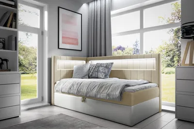 Produktbild von Einzelbett 100x200 KISHA 3 – beige/weiß, links zu öffnen + GRATIS Matratzenauflage